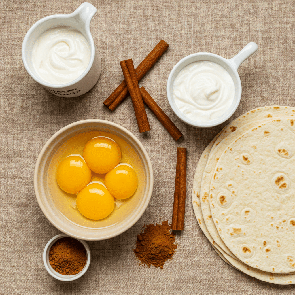 Ingredients for from-scratch Cinnamon Ice Cream and cinnamon crisps.