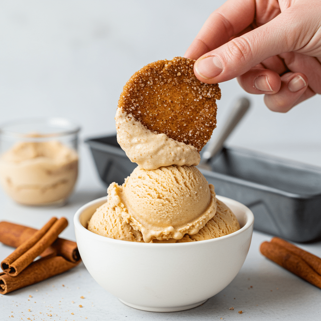 Dipping a homemade cinnamon crisp into a scoop of Cinnamon Ice Cream.