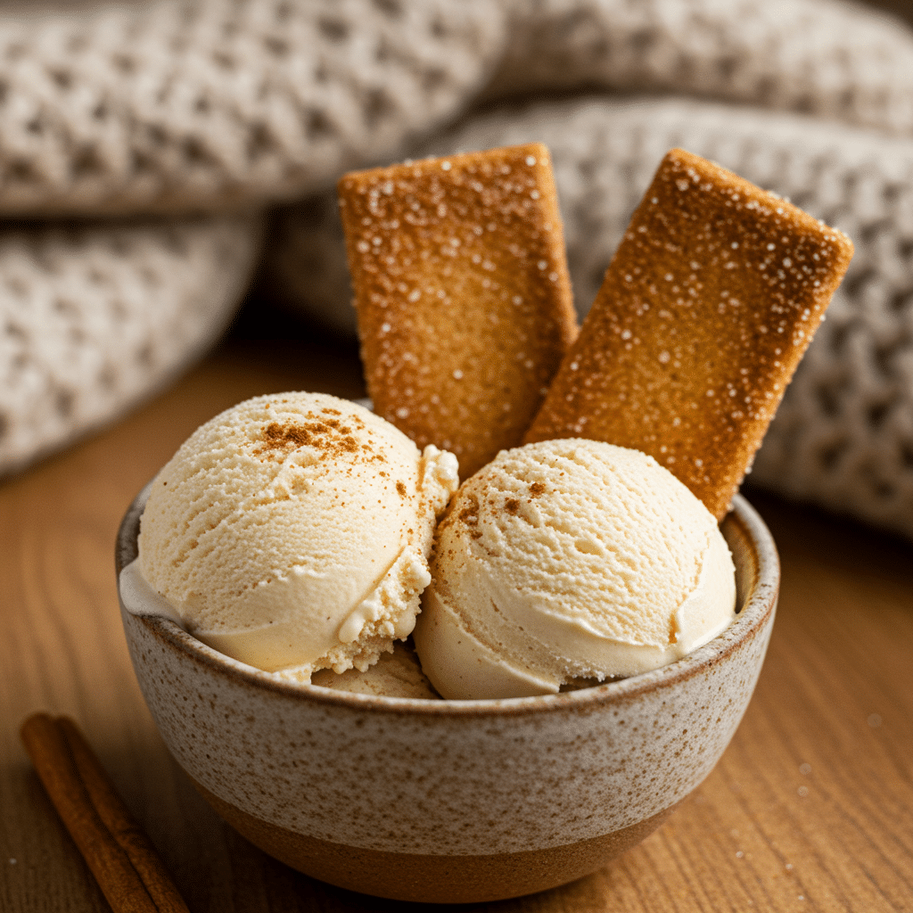 A bowl of homemade from-scratch Cinnamon Ice Cream served with cinnamon crisps.