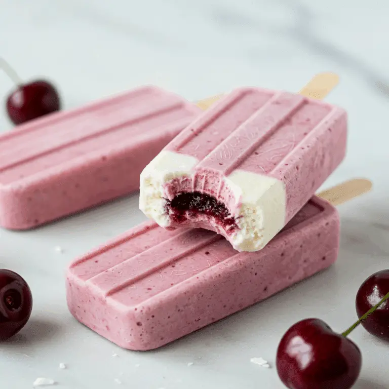 Two homemade Coconut, Cherry and Vanilla Bean Ice Pops showing the interior layers.