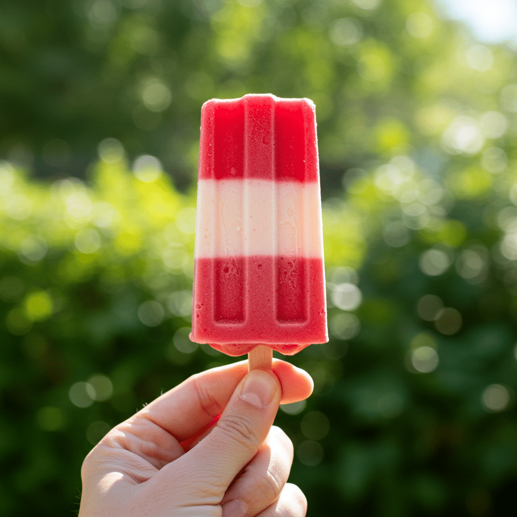 A hand holding a finished, layered Coconut, Cherry and Vanilla Bean Ice Pop.