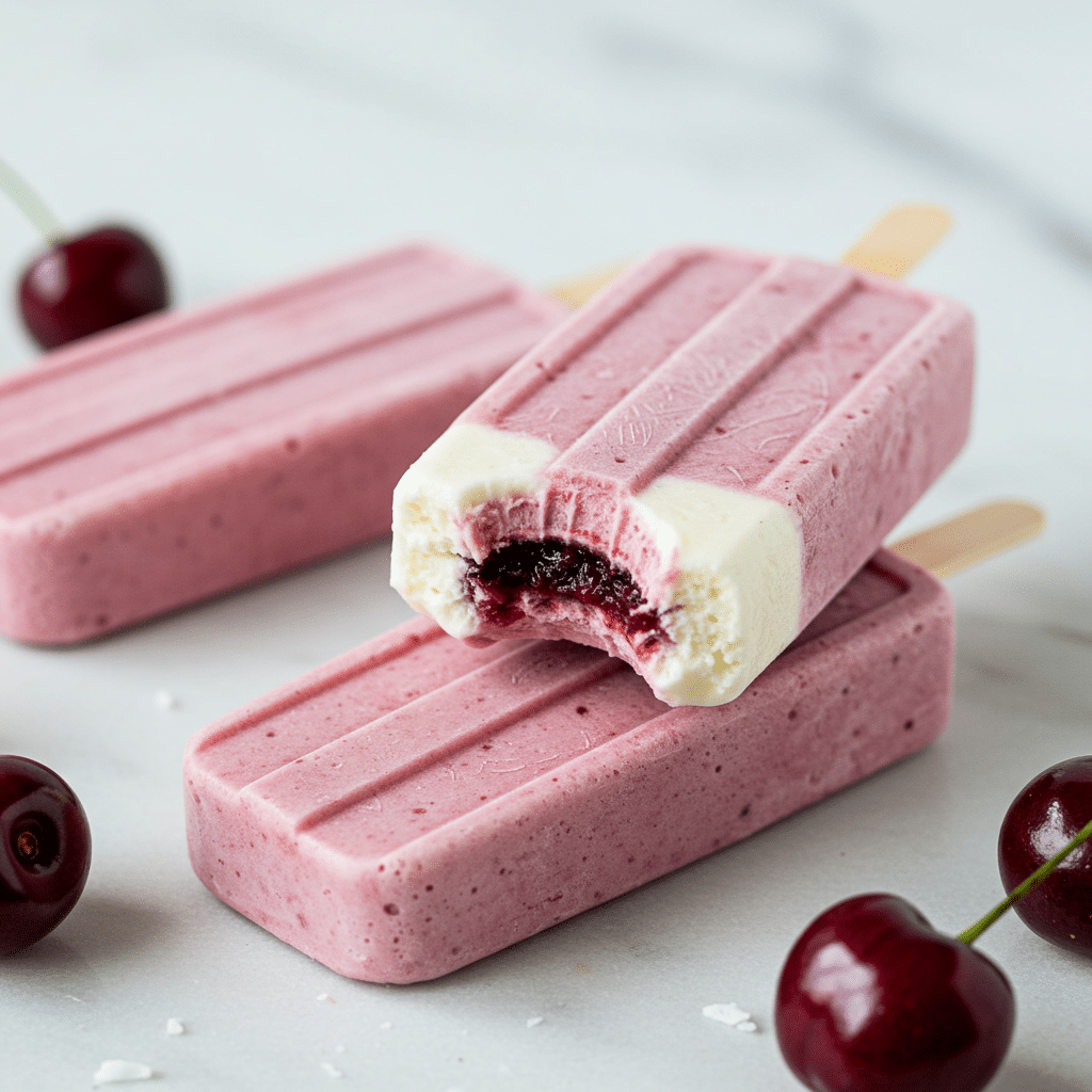 Two homemade Coconut, Cherry and Vanilla Bean Ice Pops showing the interior layers.