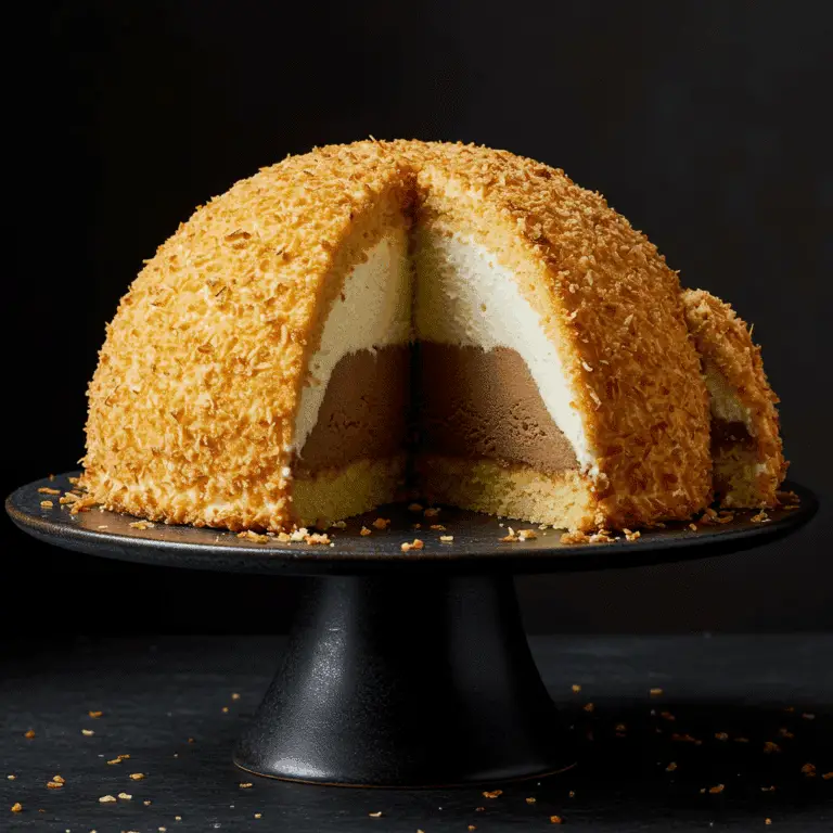 The finished Coffee-Coconut Ice Cream Bombe with a slice removed to show the layers.
