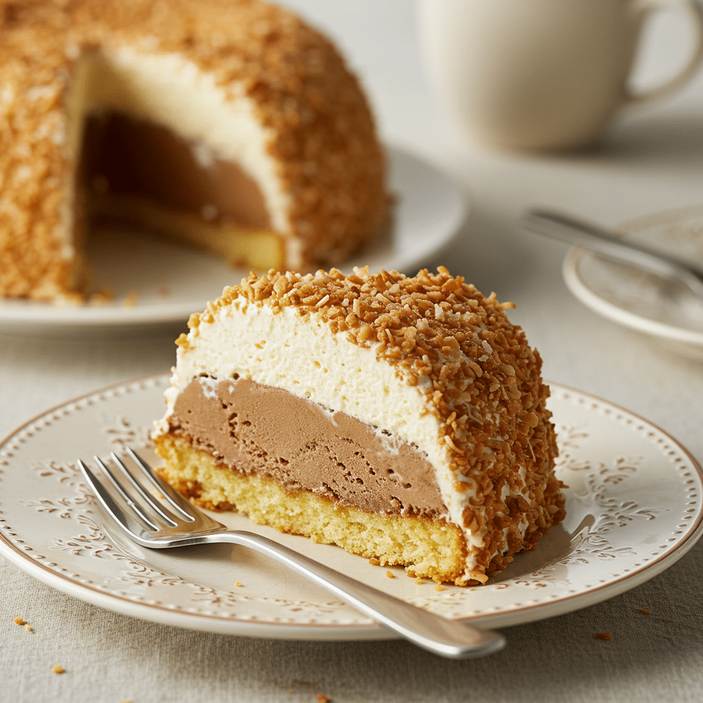 A perfect slice of the finished Coffee-Coconut Ice Cream Bombe on a plate.