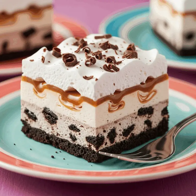A perfect square of a layered Cookies and Cream Ice Cream Bar on a plate.