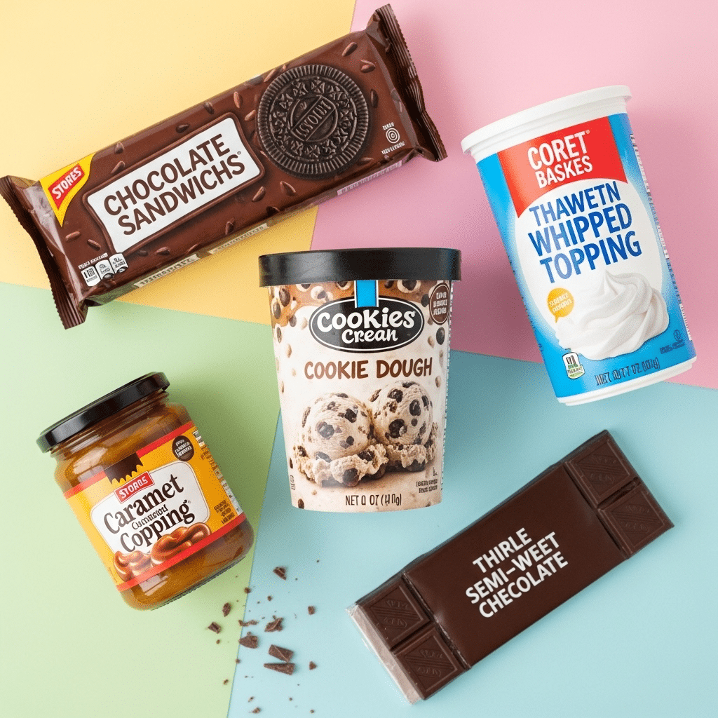 Ingredients for the easy, no-bake Cookies and Cream Ice Cream Bars.With just a few simple store-bought ingredients, you can assemble these impressive Cookies and Cream Ice Cream Bars.