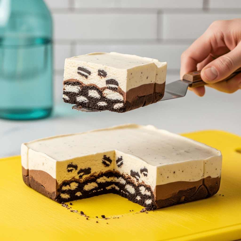 A hand serving a slice of the finished Cookies and Cream Ice Cream Bars.