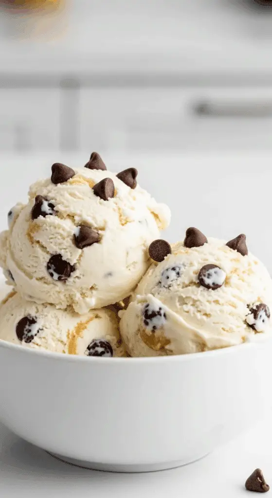 A bowl with two scoops of homemade, high-protein Cottage Cheese Ice Cream.