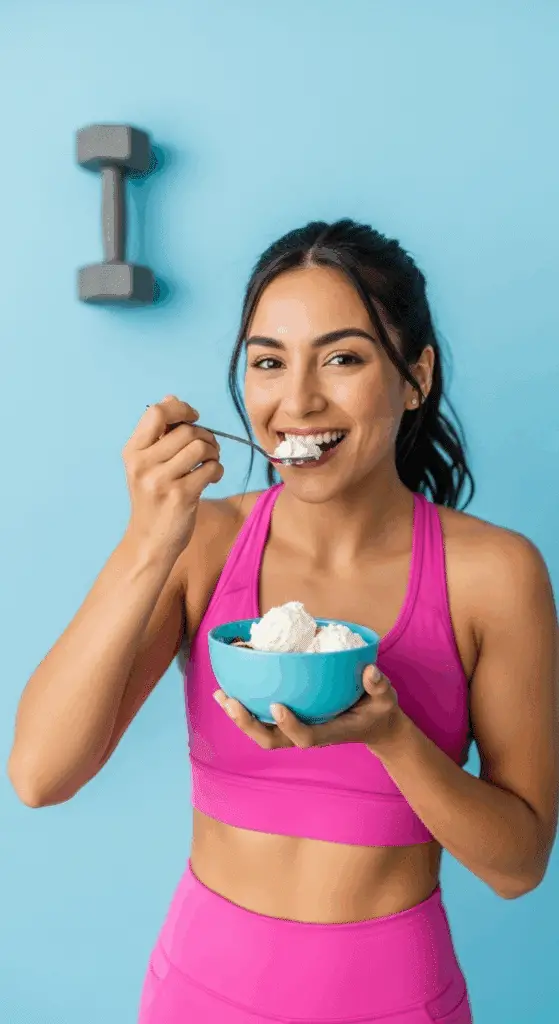 A person enjoying a bowl of high-protein Cottage Cheese Ice Cream.