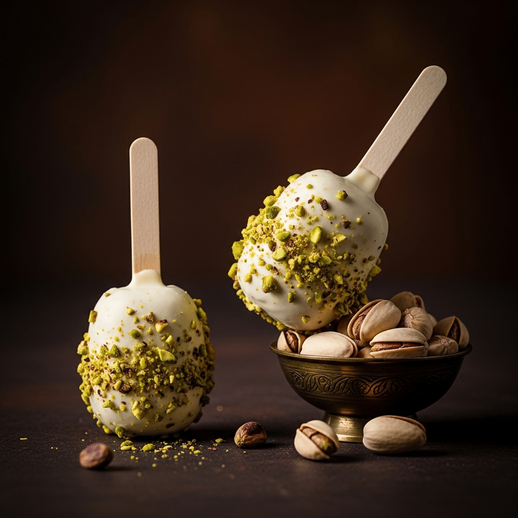 Two gourmet, kulfi-inspired Creamy Pistachio Pops with Earl Grey and cardamom.