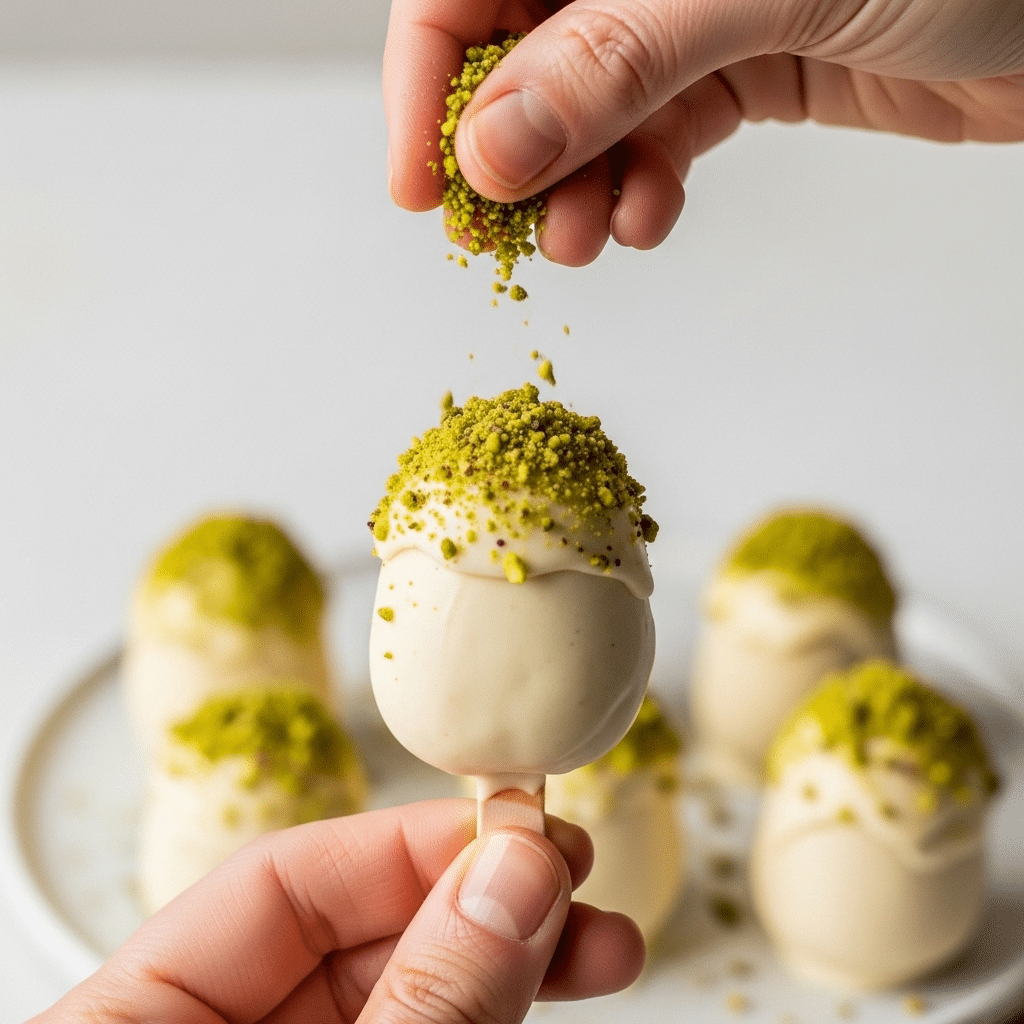 A hand garnishing a finished Creamy Pistachio Pop with more chopped pistachios.
