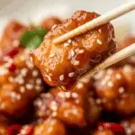 A close-up of a piece of Crispy Sweet Chilli Chicken being eaten with chopsticks.