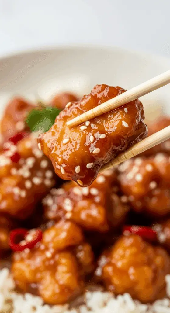 A close-up of a piece of Crispy Sweet Chilli Chicken being eaten with chopsticks.