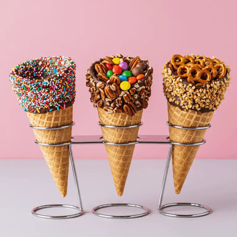 Three beautifully Dipped and Decorated Waffle Cones with various toppings.