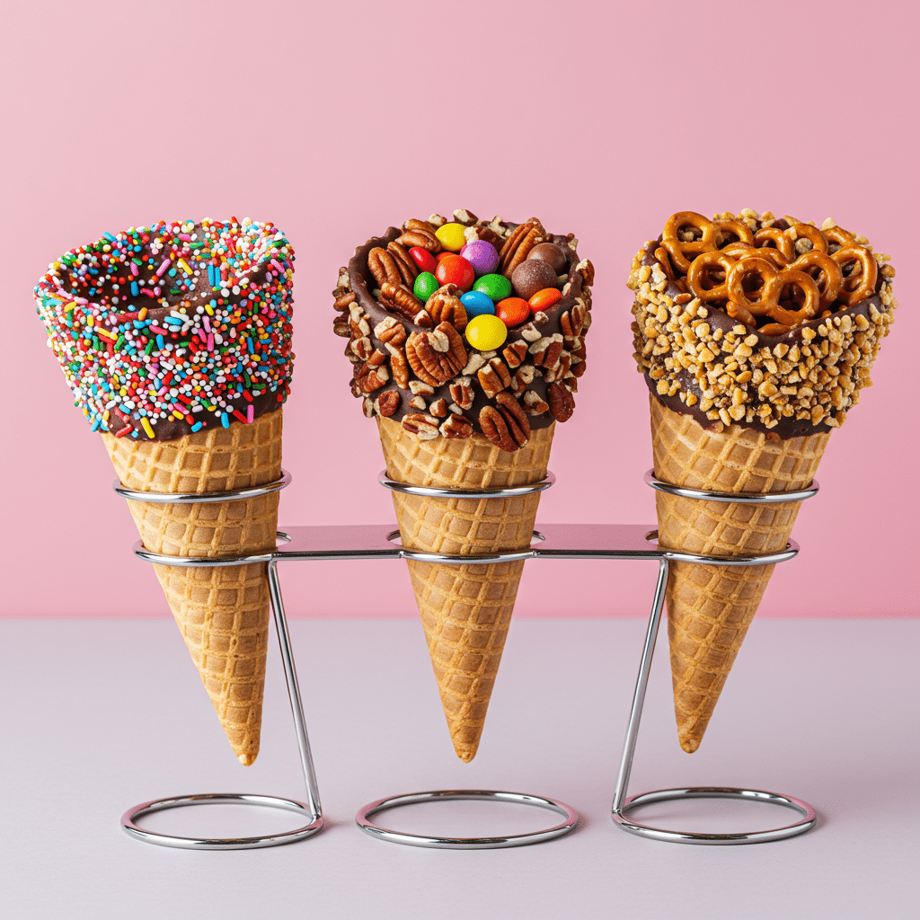 Three beautifully Dipped and Decorated Waffle Cones with various toppings.