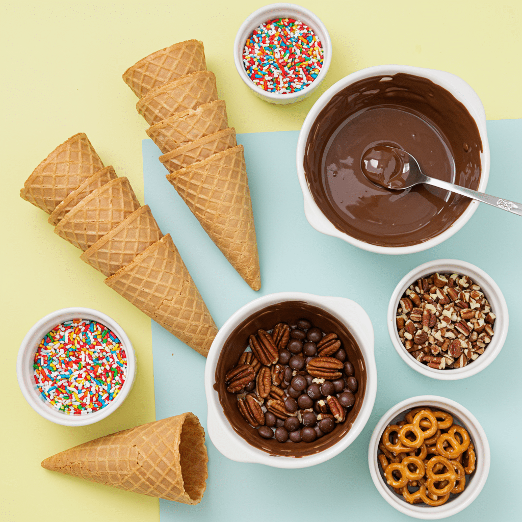 Ingredients for making Dipped and Decorated Waffle Cones.