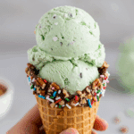 A finished Dipped and Decorated Waffle Cone filled with Triple Mint Chip Ice Cream.