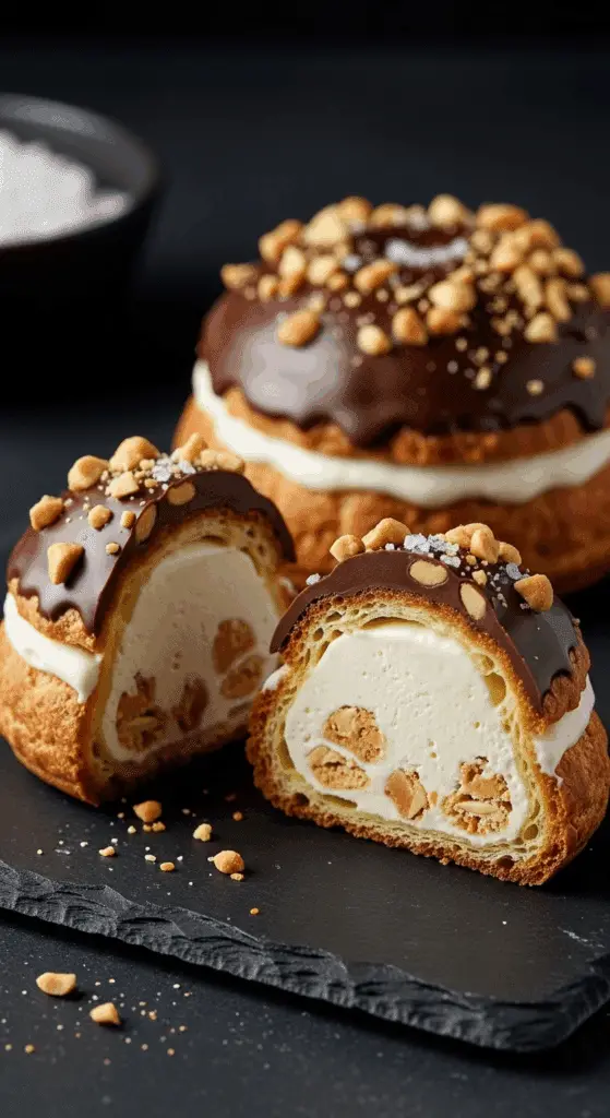 Two homemade Drumstick Profiteroles, one cut in half to show the filling.