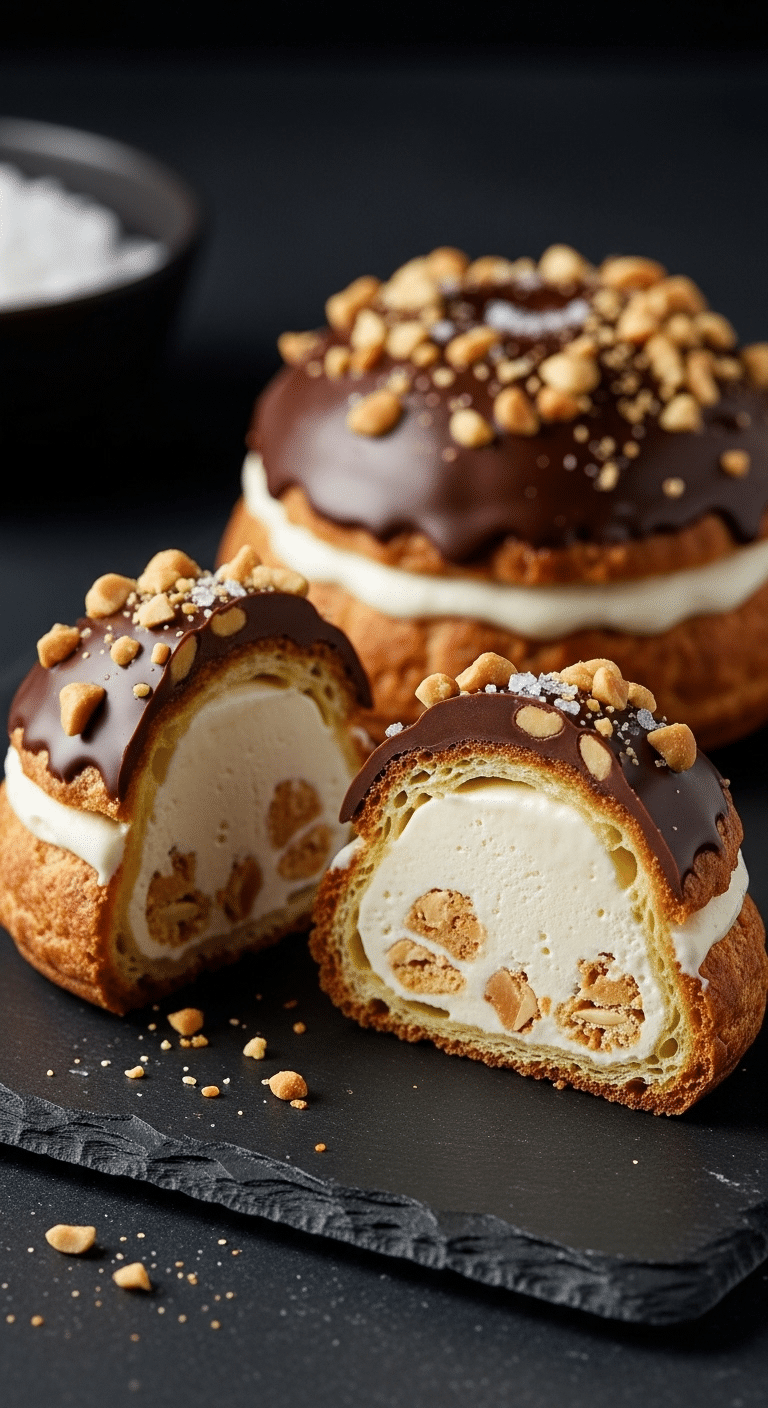 Two homemade Drumstick Profiteroles, one cut in half to show the filling.