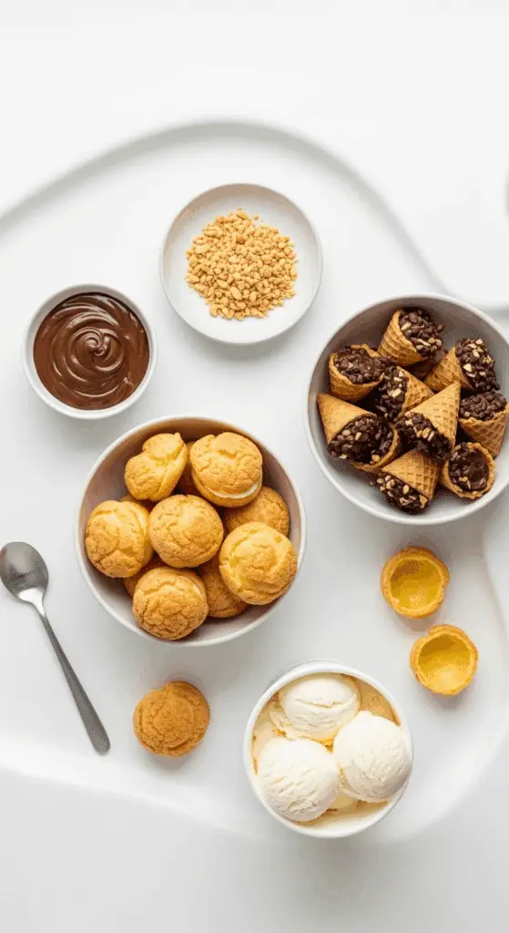 Piping choux pastry dough onto a baking sheet to make profiteroles.