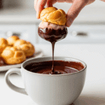 Dipping a frozen profiterole into melted chocolate to create the shell.