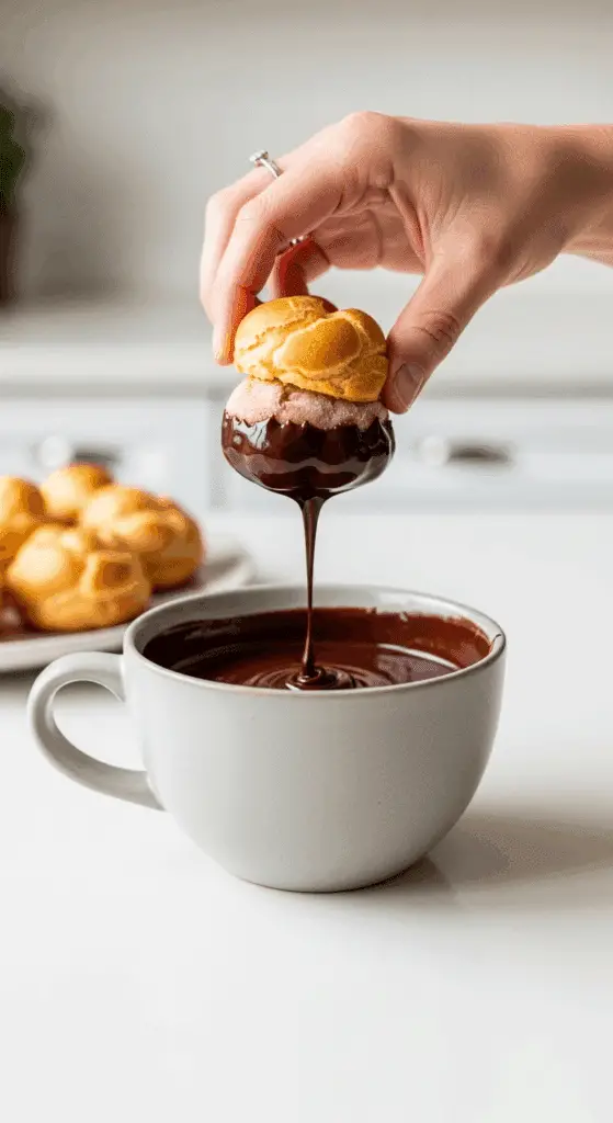 Dipping a frozen profiterole into melted chocolate to create the shell.
