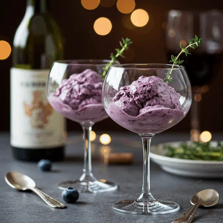 Two elegant glasses of Blueberry Frozen Yogurt, perfect for a dinner party.