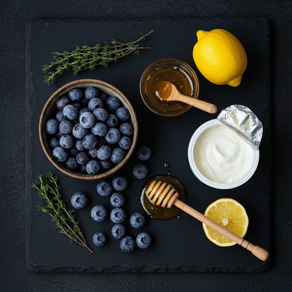 Gourmet ingredients for the elegant Blueberry Frozen Yogurt recipe.
