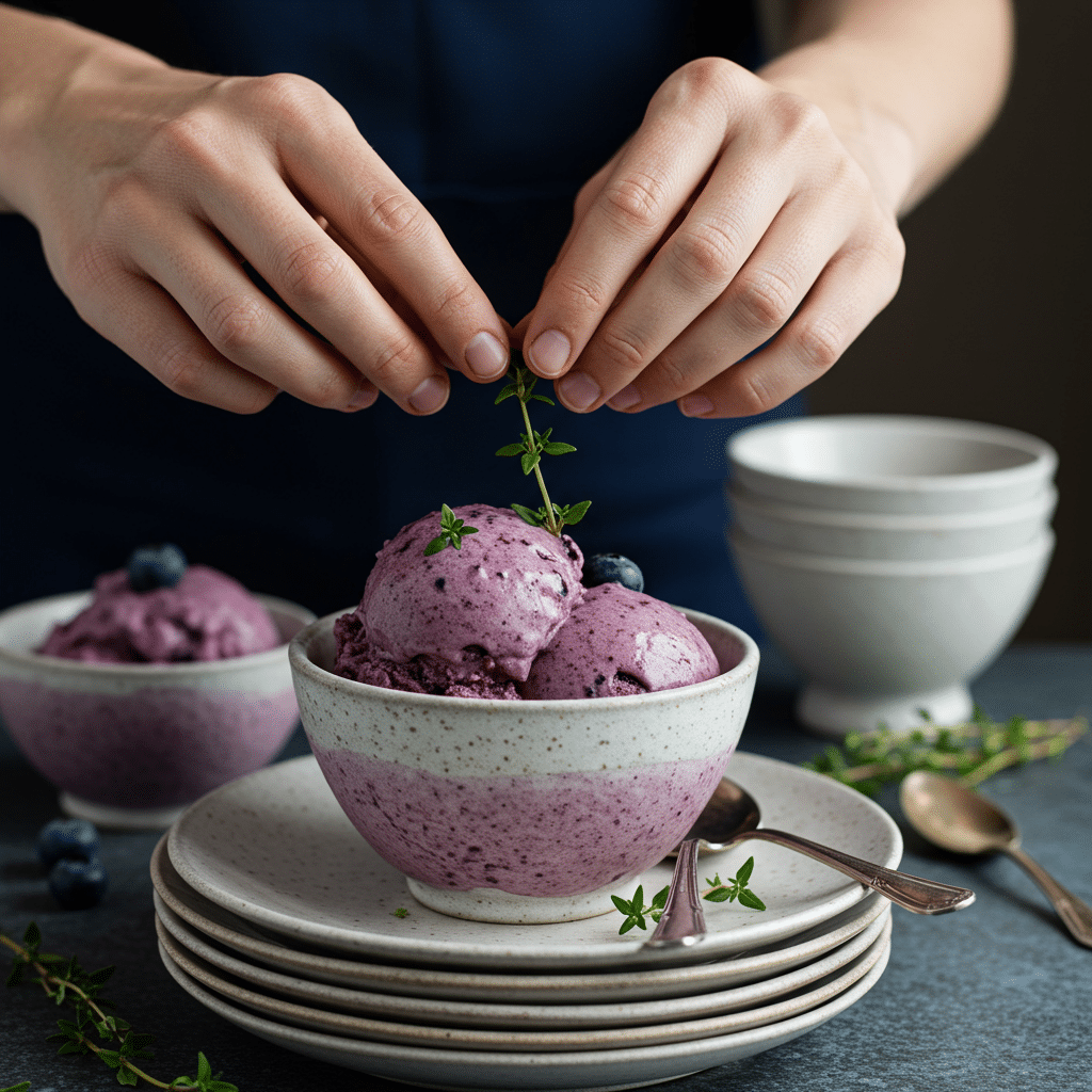 Garnishing a bowl of Blueberry Frozen Yogurt before serving to guests.