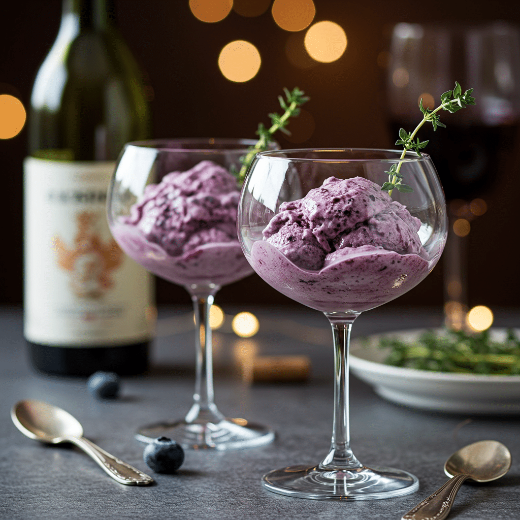Two elegant glasses of Blueberry Frozen Yogurt, perfect for a dinner party.