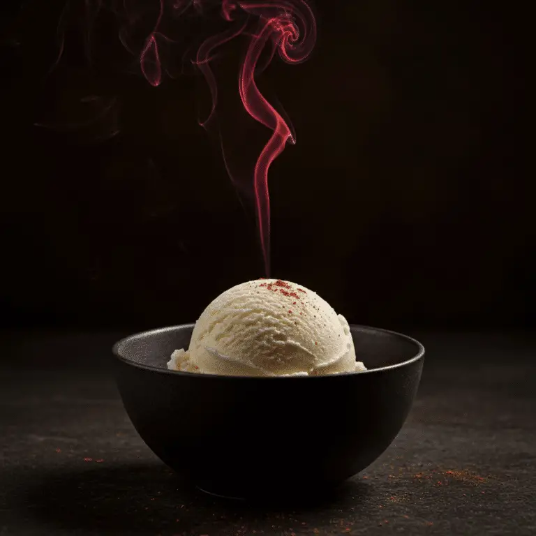A scoop of homemade Fire and Ice Cream with a wisp of "fire" smoke.