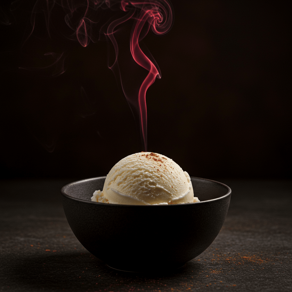 A scoop of homemade Fire and Ice Cream with a wisp of "fire" smoke.