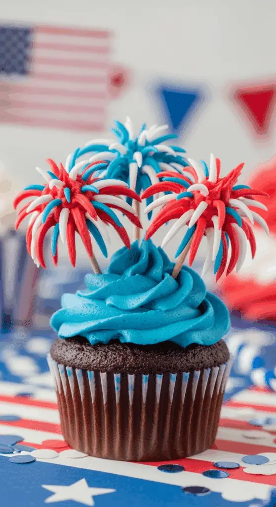 A finished, patriotic Firework Cupcake with red, white, and blue frosting.