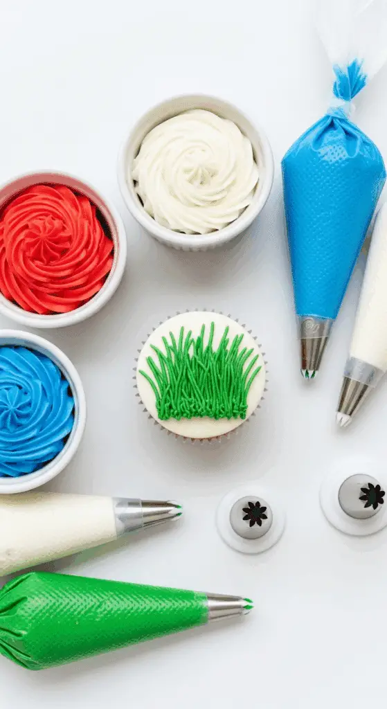 Supplies for decorating Firework Cupcakes, including the special piping tip.