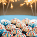 A platter of finished Firework Cupcakes at a 4th of July party.