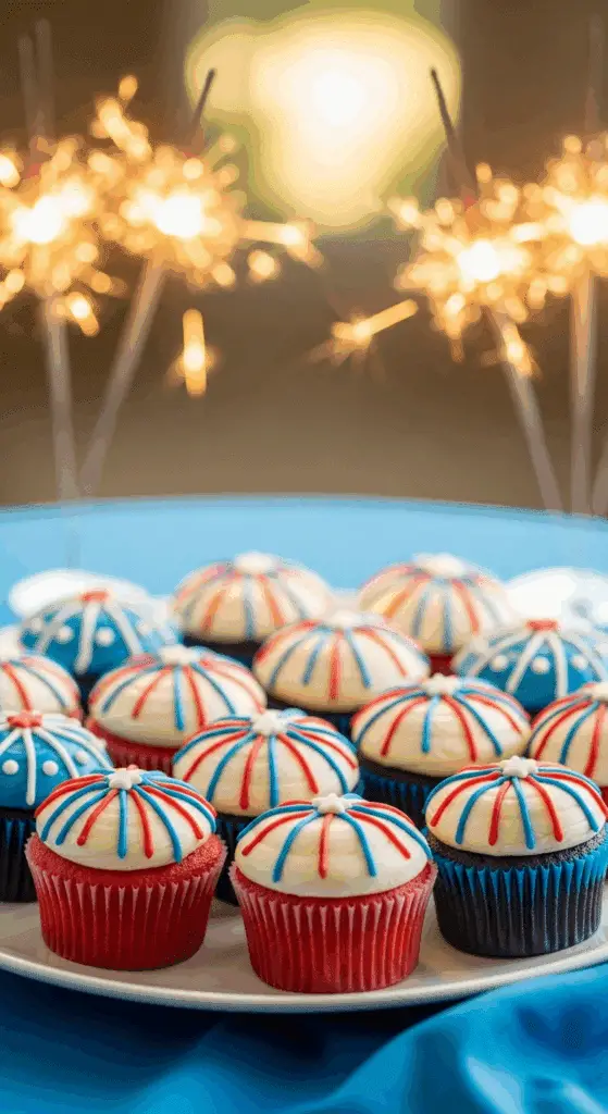 A platter of finished Firework Cupcakes at a 4th of July party.