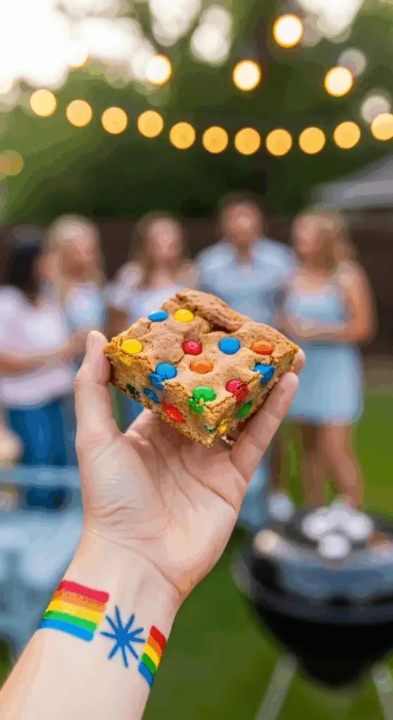A hand holding a festive Fireworks Blondie at a 4th of July party.
