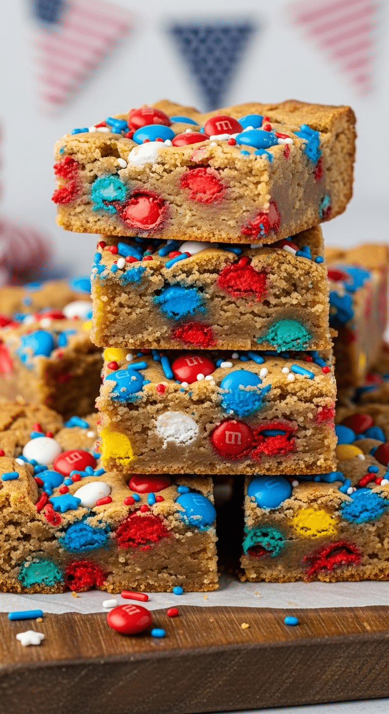 A stack of festive, homemade Fireworks Blondies with red, white, and blue M&Ms.