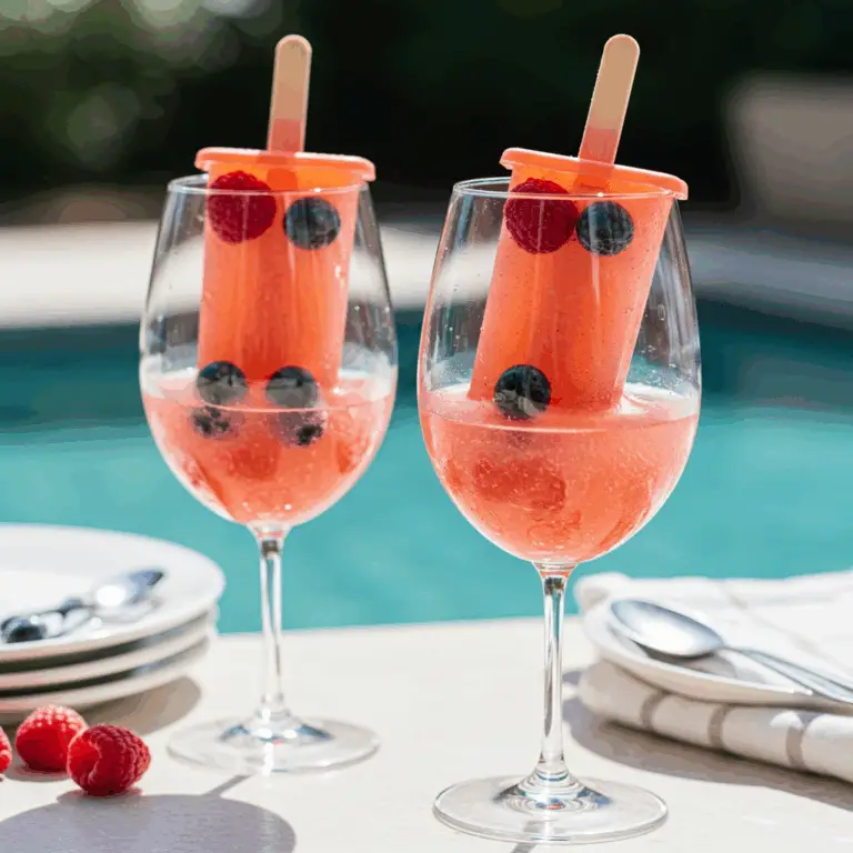 Two homemade Frosé Ice Pops served in wine glasses by a pool.