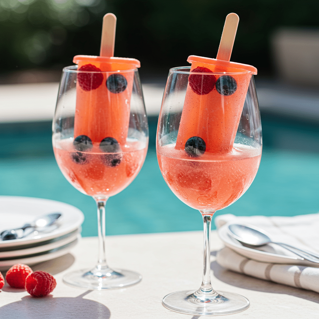 Two homemade Frosé Ice Pops served in wine glasses by a pool.