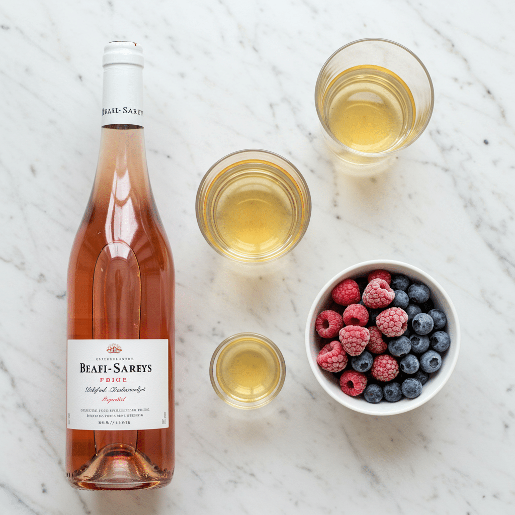 Ingredients for Frosé Ice Pops: rosé wine, grape juice, and frozen berries.