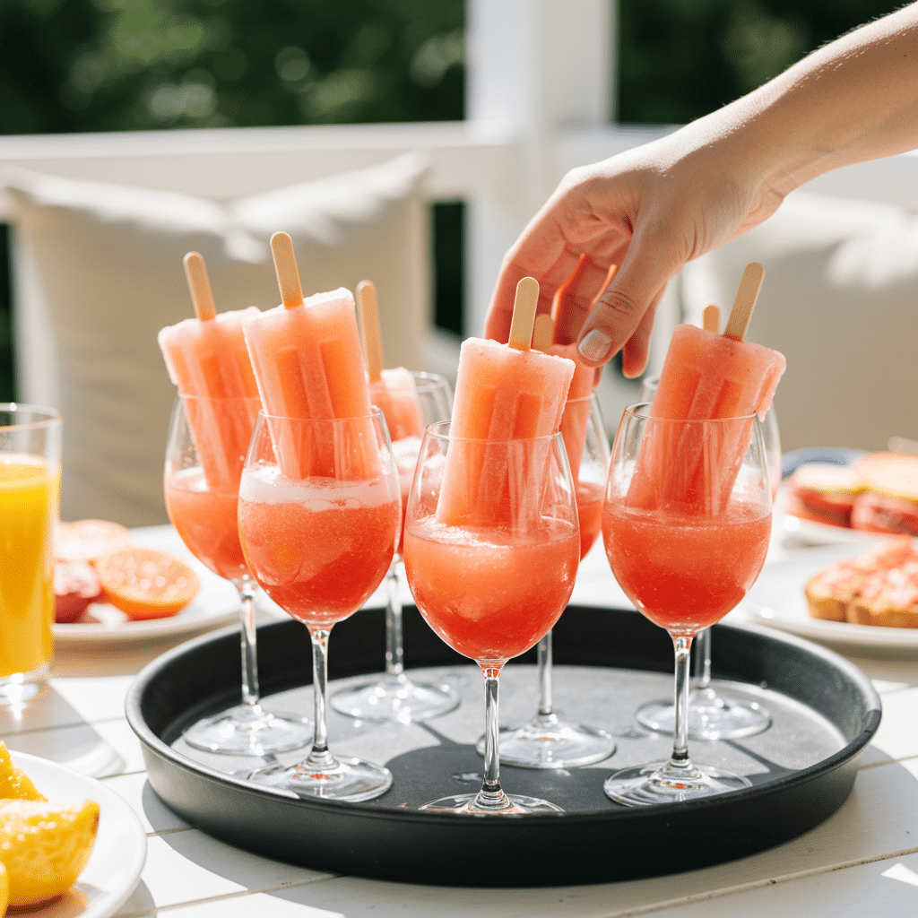 A tray of Frosé Ice Pops in wine glasses being served at a party.