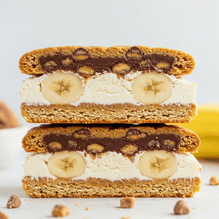 A finished Frozen Banana Ice Cream Sandwich cut in half to show the layers.