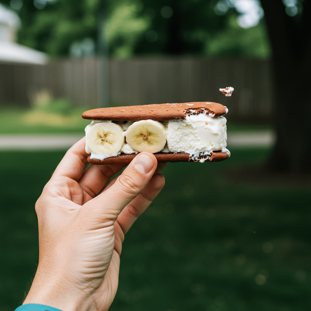 A hand holding a finished Frozen Banana Ice Cream Sandwich.
