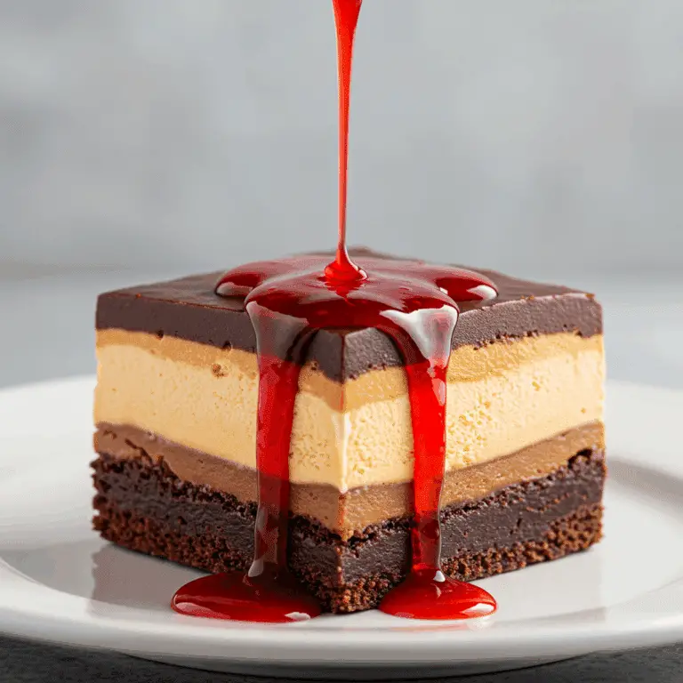 A perfect square of a layered Frozen Brownie Sundae with strawberry sauce being drizzled on top.