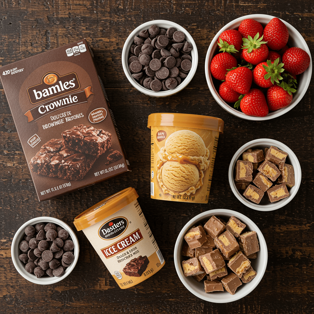Ingredients for the layered Frozen Brownie Sundaes.