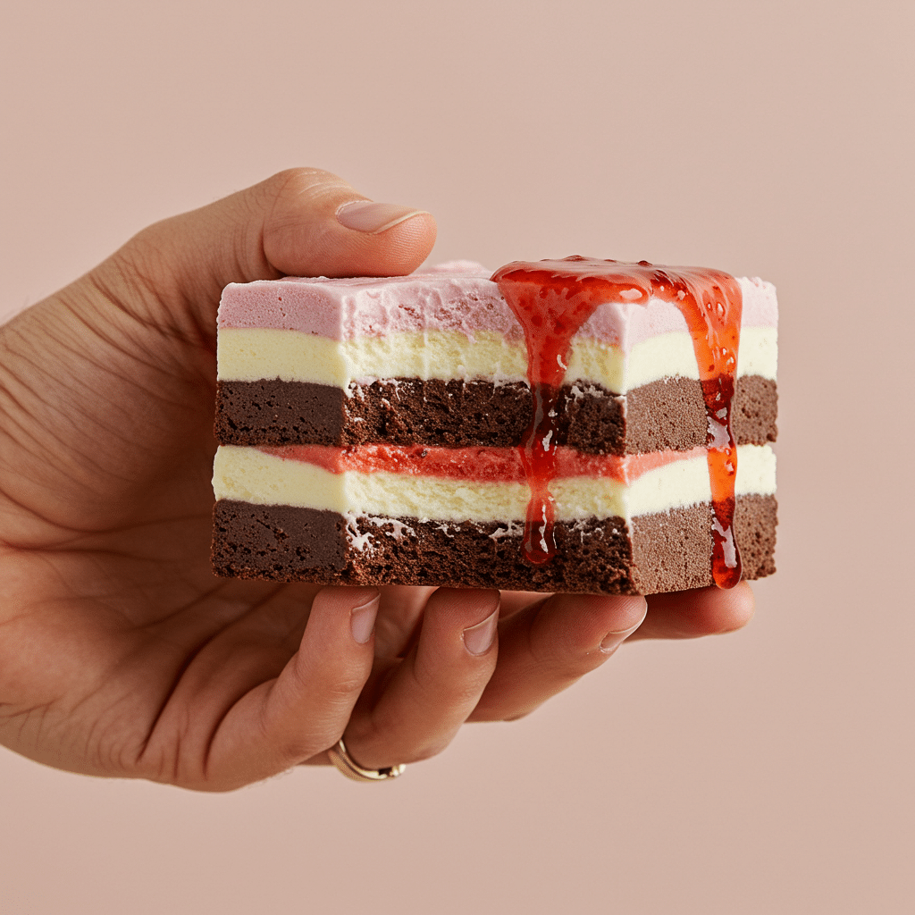 A hand holding a square of a Frozen Brownie Sundae with a bite taken out.