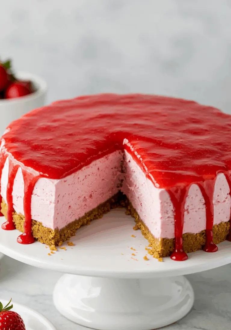 The whole Frozen Strawberry Cheesecake with a slice removed to show the interior.