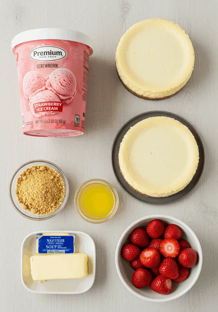 Ingredients for the Frozen Strawberry Cheesecake, including a whole cheesecake.