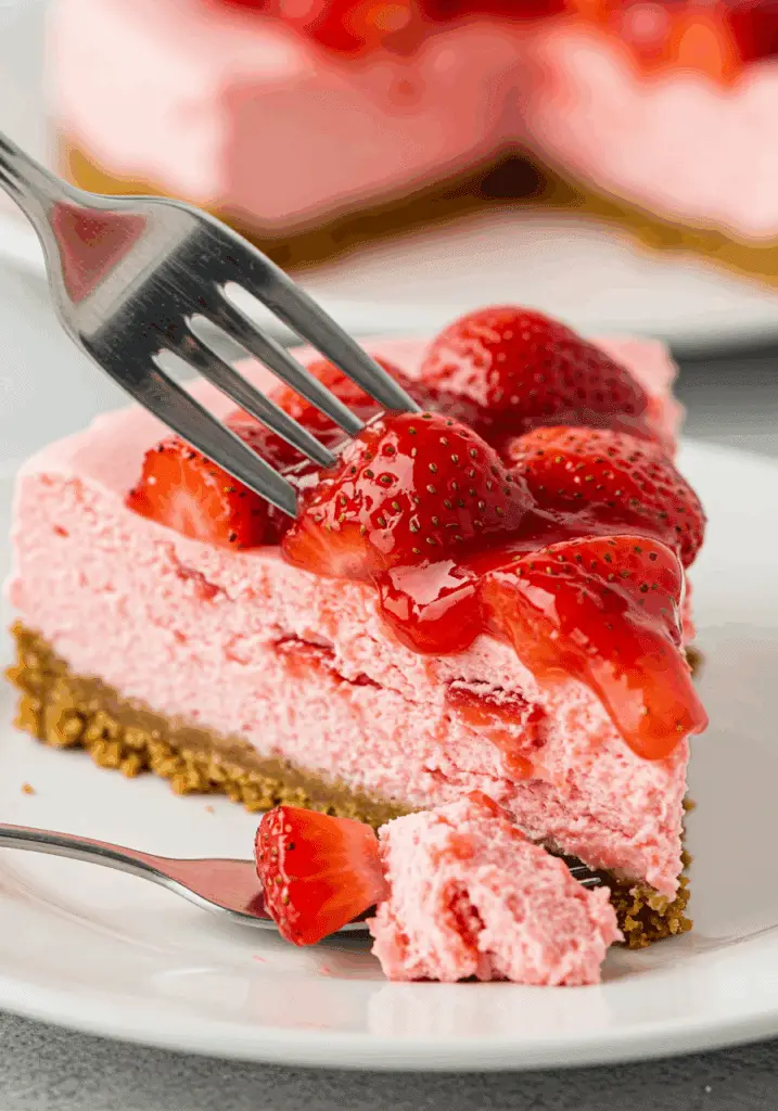 A perfect slice of Frozen Strawberry Cheesecake ready to be eaten.